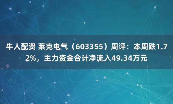 牛人配资 莱克电气（603355）周评：本周跌1.72%，主力资金合计净流入49.34万元